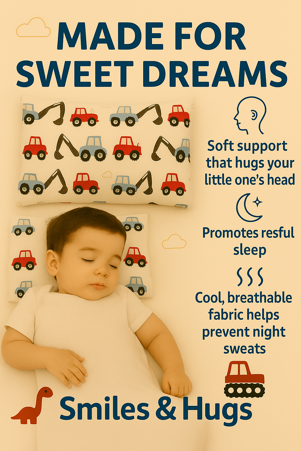 Toddler Pillow, 13 x 18 inches – Perfect for Kids’ Sleep & Travel (Trucks)