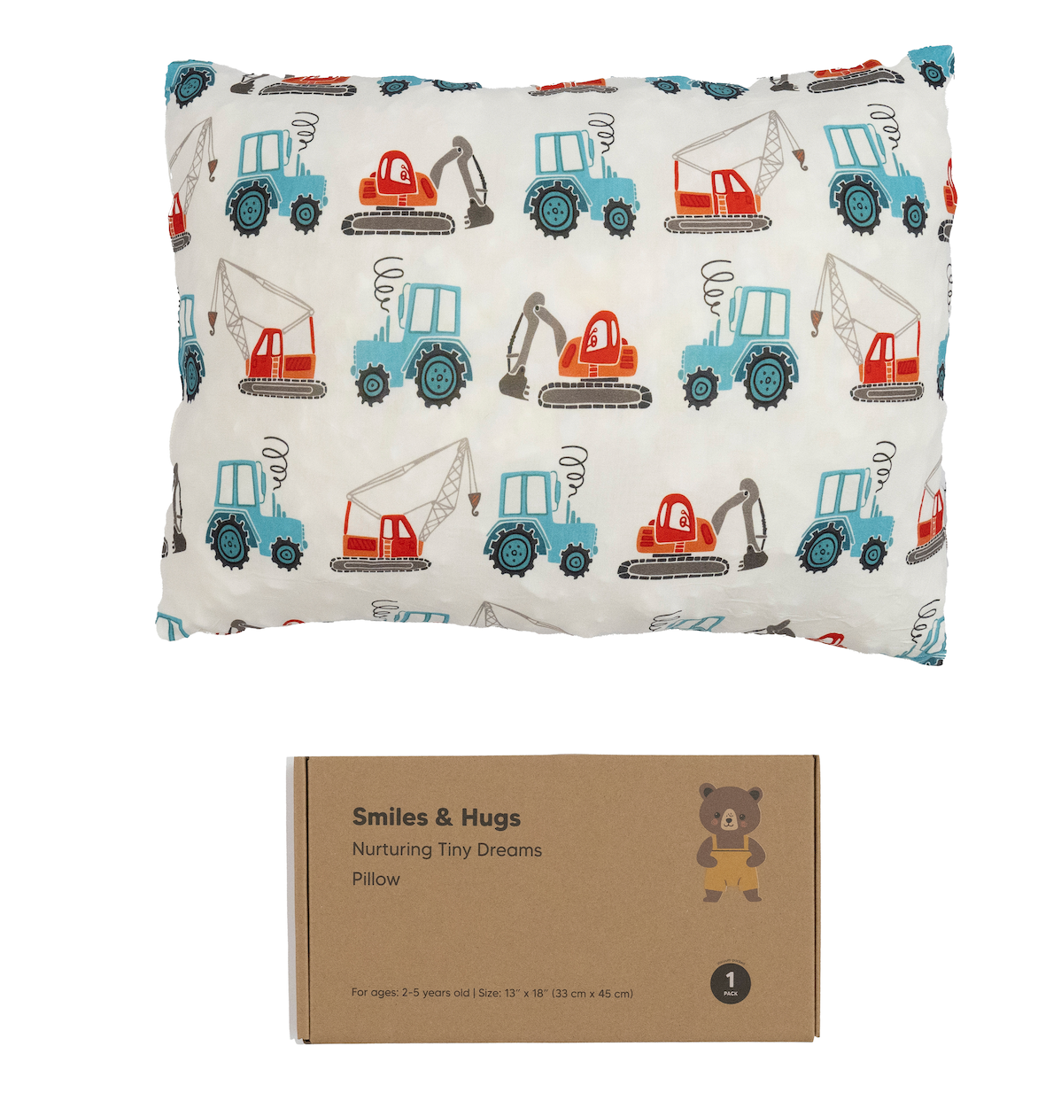 Toddler Pillow, 13 x 18 inches – Perfect for Kids’ Sleep & Travel (Trucks)