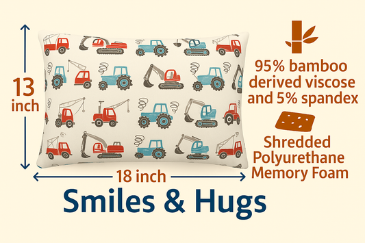 Toddler Pillow for Ages 2-5 – Soft, Hypoallergenic & Machine Washable (13×18)(Trucks)