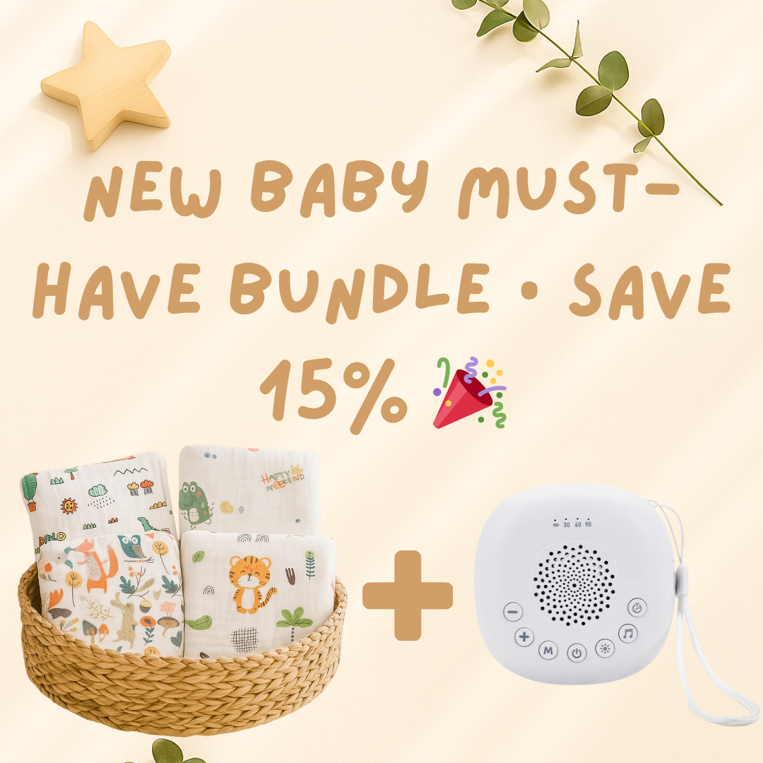 New Baby Must-Have Bundle – White Noise Machine + 4-Pack Muslin Swaddles