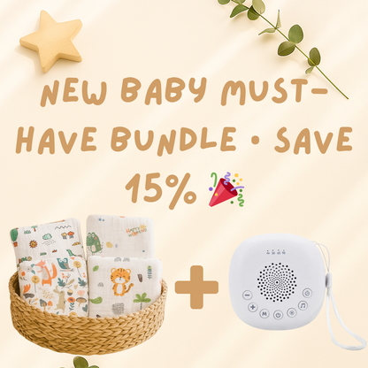 New Baby Must-Have Bundle – White Noise Machine + 4-Pack Muslin Swaddles
